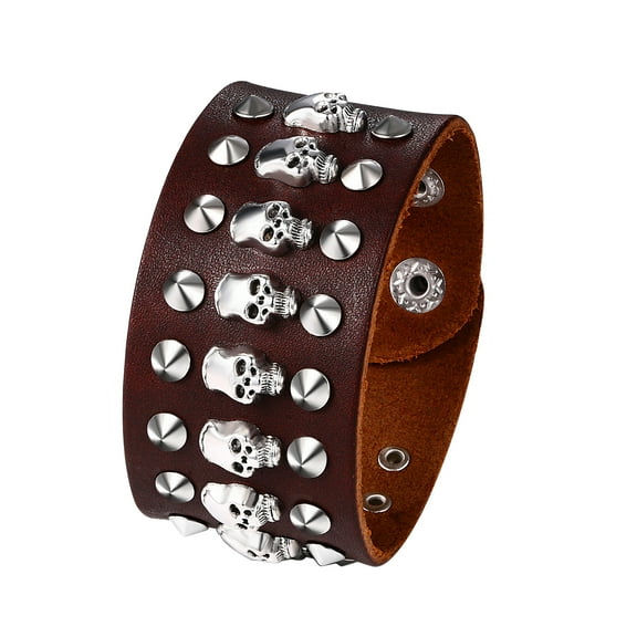 Avaner Punk Leather Bracelet for Men: Adjustable Wide Braided Bangle Cuff Bracelet Gothic Skull Wrap Bracelet Jewelry