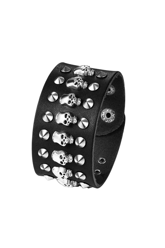 Punk Leather Bracelet for Men: Adjustable Wide Braided Bangle Cuff Bracelet Gothic Skull Wrap Bracelet Jewelry
