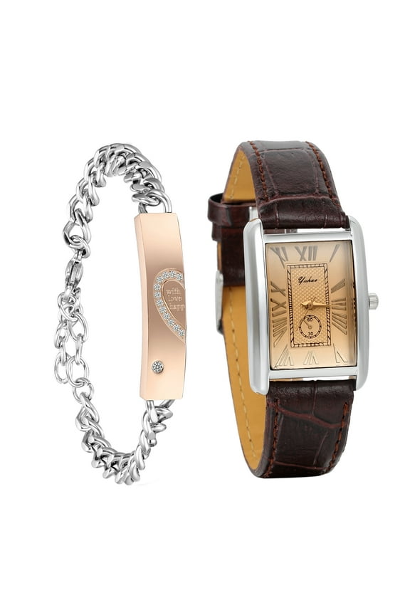 Retro Vintage Square Quartz Analog Watch and Stainless Steel Heart Bracelet Silver Tone Case Crocodile Pattern Brown Leather Business Casual Dress Wrist Watch