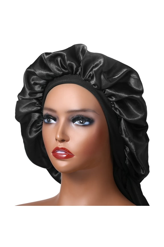 Satin Bonnet Silk For Hair Sleeping: Women Tie Bonnets Adjustable Night Cap Jumbo Size Comfortable Wide Band For Braids Curly Long Hair,Black