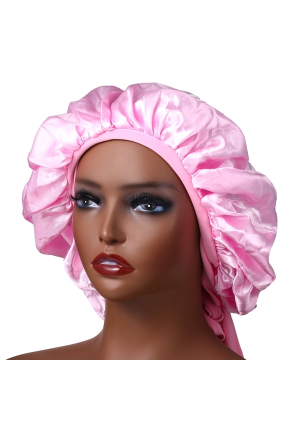 Satin Bonnet Silk For Hair Sleeping: Women Tie Bonnets Adjustable Night Cap Jumbo Size Comfortable Wide Band For Braids Curly Long Hair,Pink