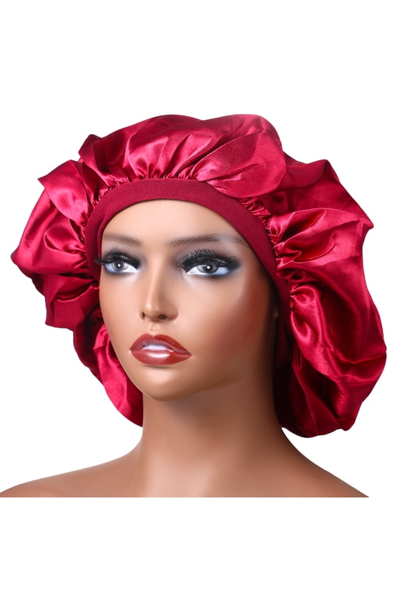 Satin Bonnet Silk For Hair Sleeping: Women Tie Bonnets Adjustable Night Cap Jumbo Size Comfortable Wide Band For Braids Curly Long Hair,Wine Red