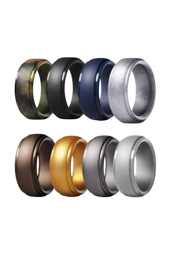 Silicone Wedding Ring for Men: 8 Pack 8mm Width Breathable Air Grooves Silicone Rubber Wedding Engagement Bands Christmas Valentine's Day Gift, Size 10