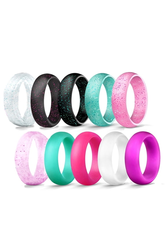 Silicone Wedding Ring for Women: 10 Pack 5.7mm Width Silicone Rubber Wedding Engagement Bands Valentine's Day Christmas Gift, Size 10 - Exercise