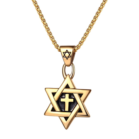 Avaner Star of David Necklace for Men and Women Gold Stainless Steel Hexagon Pendant with Cross Classic Jewish Isael Necklaces, Length 24"