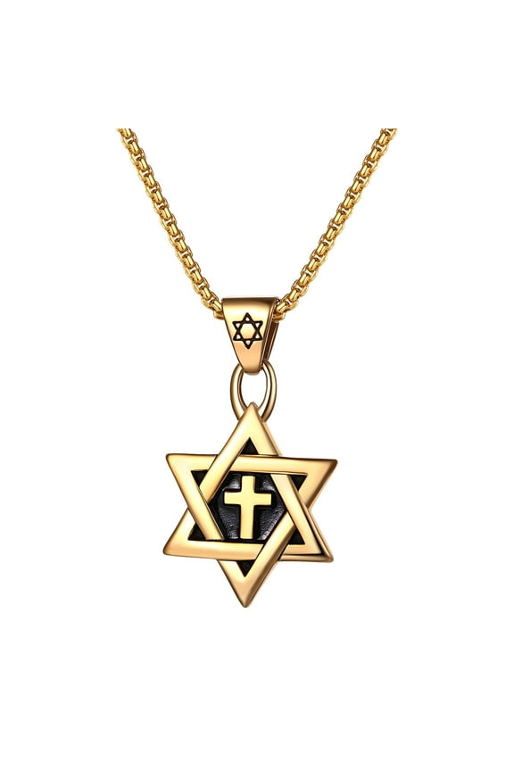 Star of David Necklace for Men and Women Gold Stainless Steel Hexagon Pendant with Cross Classic Jewish Isael Necklaces, Length 24"
