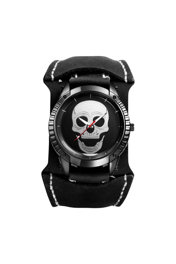 Steampunk Leather Watch for Men: Analog Quartz Watch with Wide Leather Strap, Large Dial Bar Scale with Skull Decoration - for Gifts