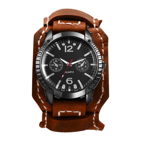 Avaner Steampunk Leather Watch for Men: Analog Quartz Watch with Wide Leather Strap ,Large Dial with Three-Eye Decoration and Bar Scale - for Gifts