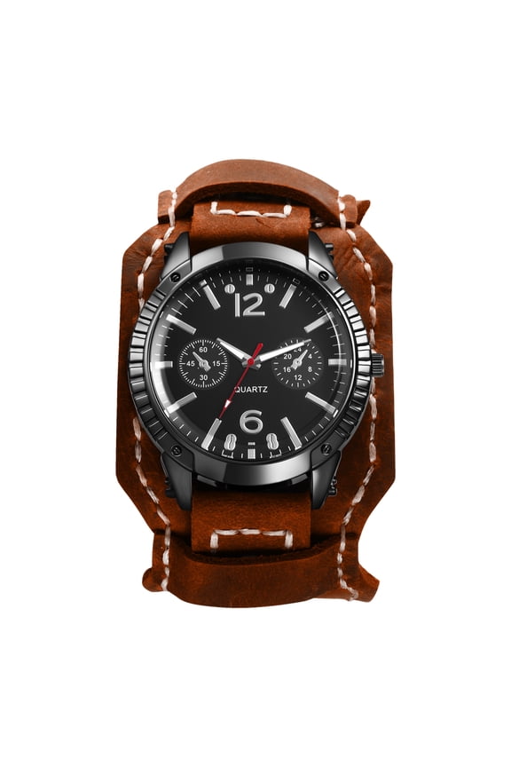 Steampunk Leather Watch for Men: Analog Quartz Watch with Wide Leather Strap ,Large Dial with Three-Eye Decoration and Bar Scale - for Gifts