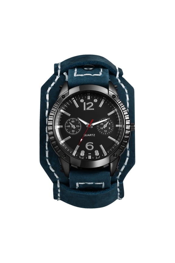 Steampunk Leather Watch for Men: Analog Quartz Watch with Wide Leather Strap ,Large Dial with Three-Eye Decoration and Bar Scale - for Gifts