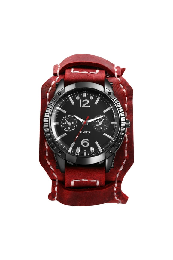 Steampunk Leather Watch for Men: Analog Quartz Watch with Wide Leather Strap ,Large Dial with Three-Eye Decoration and Bar Scale - for Gifts