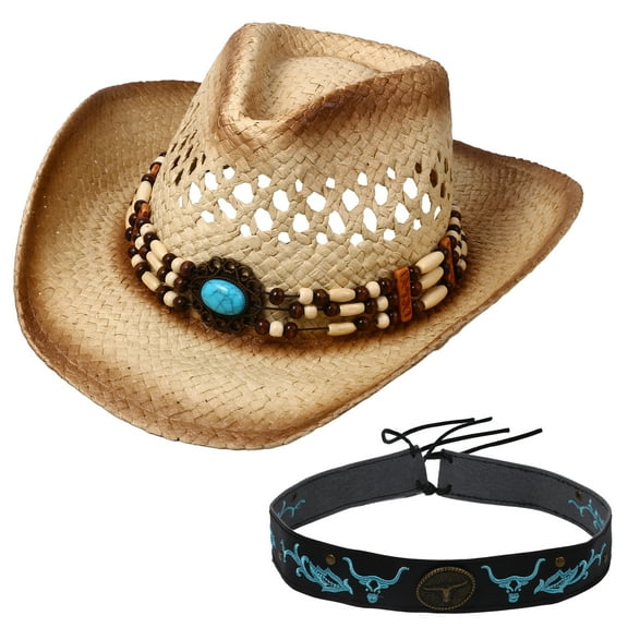 Avaner Straw Cowboy Hats for Women Men, Woven Straw Cowgirl Hats with Shape-It Brim Decorative Bands, Western Cowboy Sun Hat