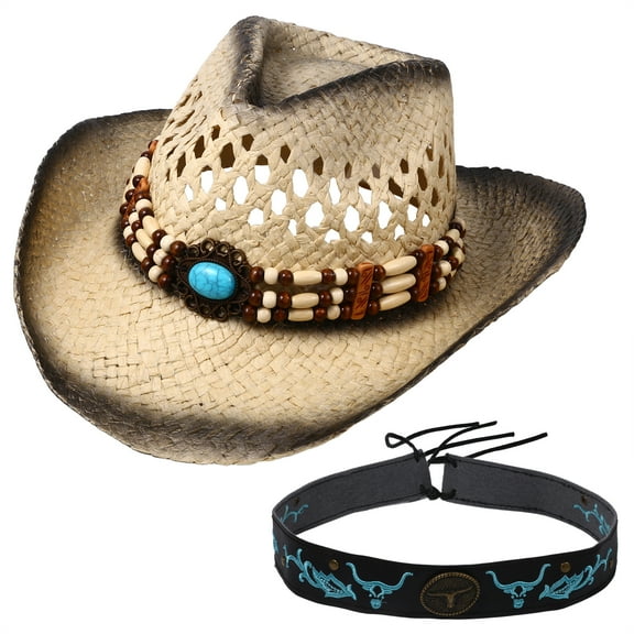 Avaner Straw Cowboy Hats for Women Men, Woven Straw Cowgirl Hats with Shape-It Brim Decorative Bands, Western Cowboy Sun Hat