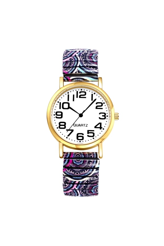 Stretch Band Watch for Women: Bohemia Flower Easy Reader Elastic Band Watch Large Face Big Number Analog Quartz Bracelet Watch Expansion Band Wristwatch