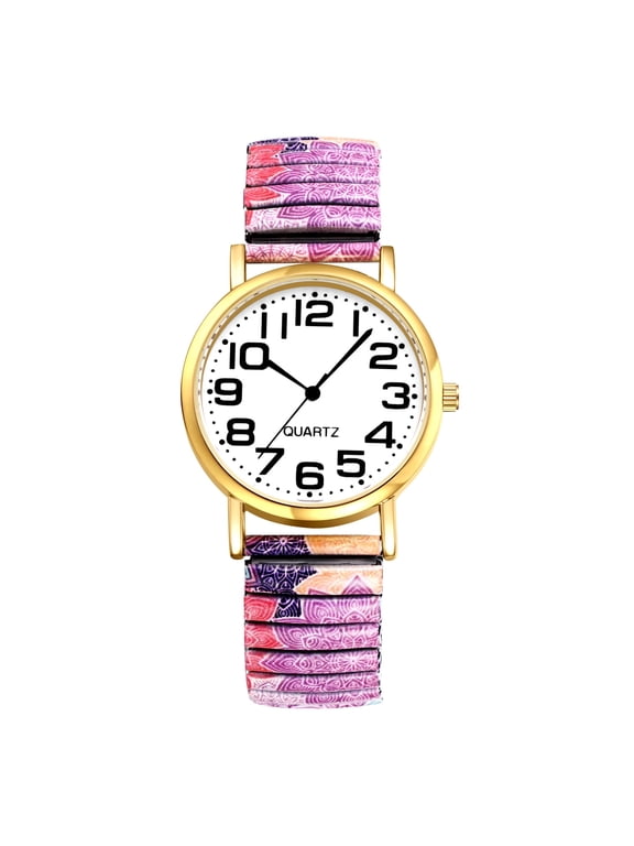 Stretch Band Watch for Women: Bohemia Flower Easy Reader Elastic Band Watch Large Face Big Number Analog Quartz Bracelet Watch Expansion Band Wristwatch