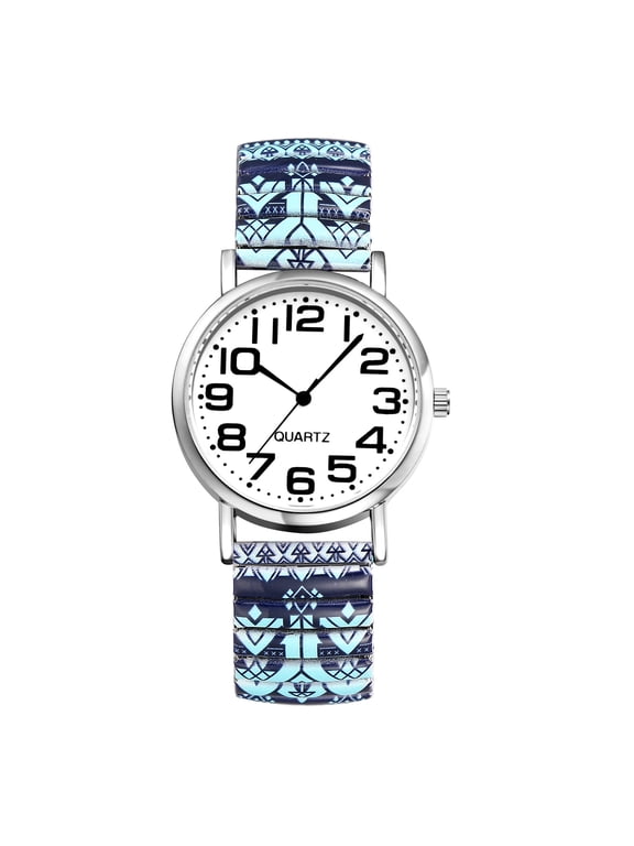 Stretch Band Watch for Women: Bohemia Flower Easy Reader Elastic Band Watch Large Face Big Number Analog Quartz Bracelet Watch Expansion Band Wristwatch