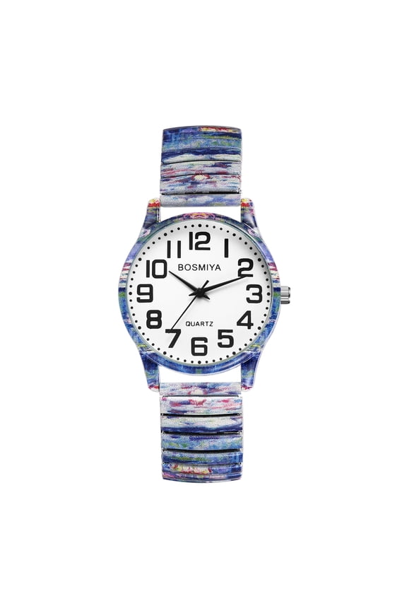 Stretch Band Watch for Women: Bohemia Flower Easy Reader Elastic Band Watch Large Face Big Number Analog Quartz Bracelet Watch Expansion Band Wristwatch