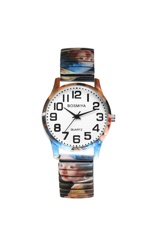 Stretch Band Watch for Women: Bohemia Flower Easy Reader Elastic Band Watch Large Face Big Number Analog Quartz Bracelet Watch Expansion Band Wristwatch