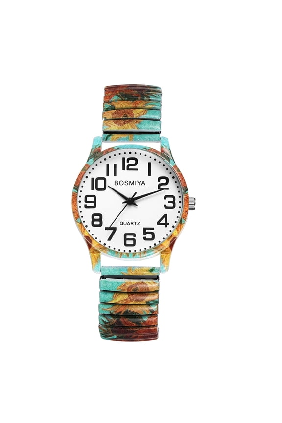Stretch Band Watch for Women: Bohemia Flower Easy Reader Elastic Band Watch Large Face Big Number Analog Quartz Bracelet Watch Expansion Band Wristwatch