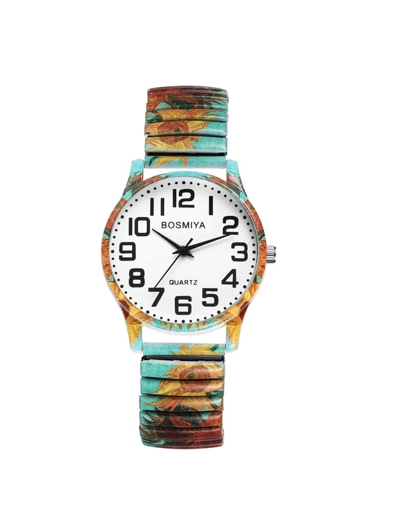 Stretch Band Watch for Women: Bohemia Flower Easy Reader Elastic Band Watch Large Face Big Number Analog Quartz Bracelet Watch Expansion Band Wristwatch