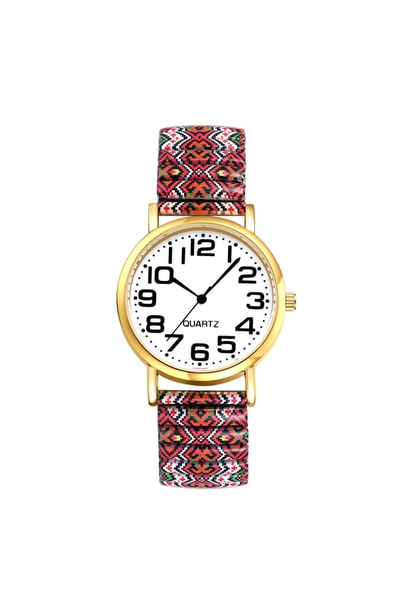 Stretch Band Watch for Women: Bohemia Flower Easy Reader Elastic Band Watch Large Face Big Number Analog Quartz Bracelet Watch Expansion Band Wristwatch