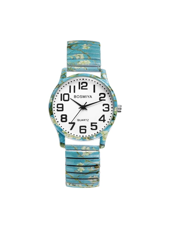 Stretch Band Watch for Women: Bohemia Printing Easy Reader Elastic Band Watch Large Face Big Number Analog Quartz Bracelet Watch Expansion Band Wristwatch