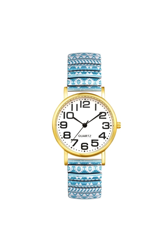 Stretch Band Watches for Women: Analog Quartz Bohemian Easy-Read Large Arabic Numeral Expansion Stainless Steel Printed Elastic Band Watch – Versatile Colorful for All Season