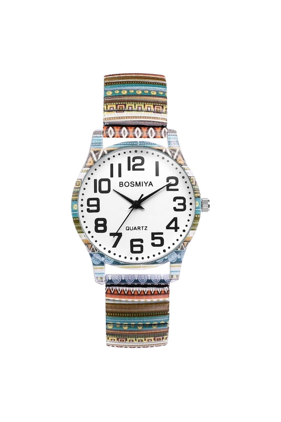 Stretch Band Watches for Women: Bohemia Flower Easy Reader Elastic Band Watch Large Face Big Number Analog Quartz Bracelet Watch Expansion Band Wristwatch
