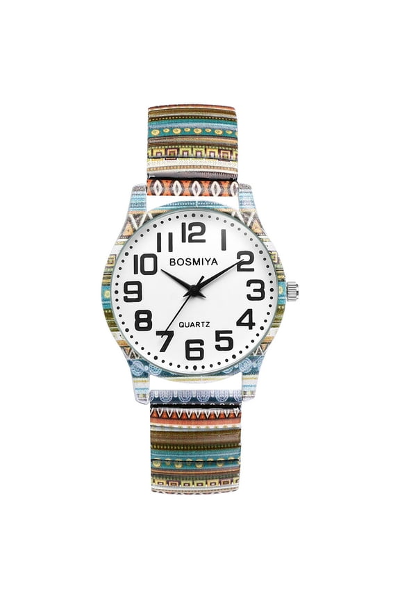 Stretch Band Watches for Women: Bohemia Flower Easy Reader Elastic Band Watch Large Face Big Number Analog Quartz Bracelet Watch Expansion Band Wristwatch
