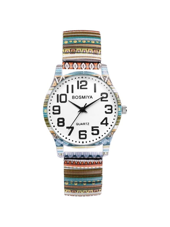 Stretch Band Watches for Women: Bohemia Flower Easy Reader Elastic Band Watch Large Face Big Number Analog Quartz Bracelet Watch Expansion Band Wristwatch