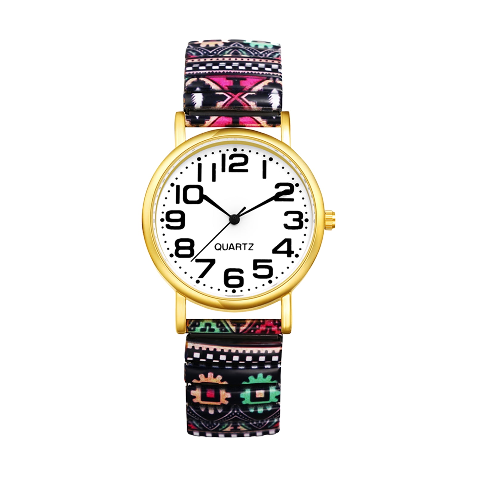 Womens Black And White Analog Number Elastic Stretch Band Bohemia Bracelet Watch Stretch Band Watches for Women: Bohemia Flower Easy Reader  main image 4