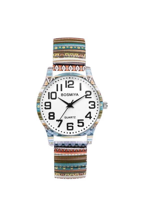 Stretch Band Watches for Women: Bohemia Flower Easy Reader Elastic Band Watch Large Face Big Number Analog Quartz Bracelet Watch Expansion Band Wristwatch