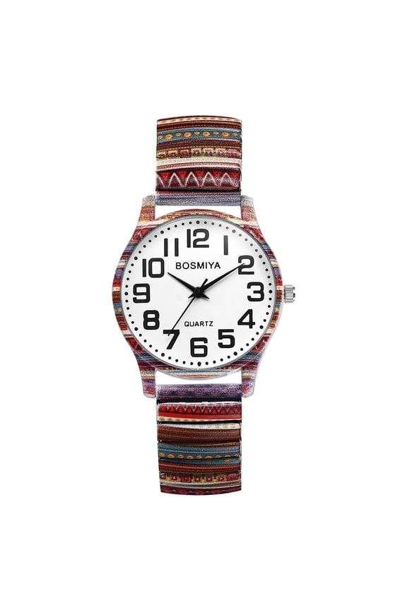 Stretch Band Watches for Women: Bohemia Flower Easy Reader Elastic Band Watch Large Face Big Number Analog Quartz Bracelet Watch Expansion Band Wristwatch