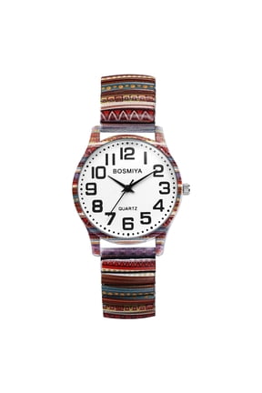 Stretch Band Watches for Women: Bohemia Flower Easy Reader Elastic Band Watch Large Face Big Number Analog Quartz Bracelet Watch Expansion Band Wristwatch