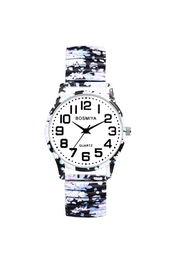 Stretch Band Watches for Women: Bohemia Flower Easy Reader Elastic Band Watch Large Face Big Number Analog Quartz Bracelet Watch Expansion Band Wristwatch