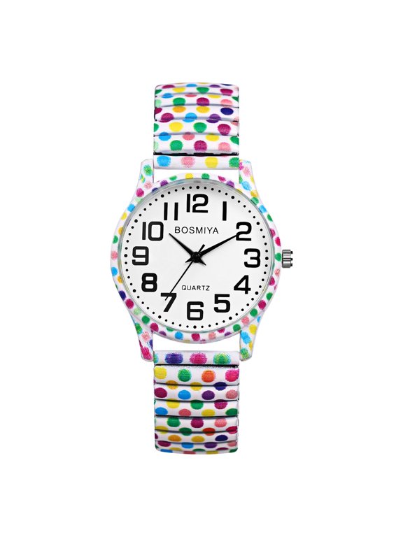 Stretch Band Watches for Women: Bohemia Polka Dot Pattern Easy Reader Elastic Band Watch Large Face Big Number Analog Quartz Expansion Band Wristwatch