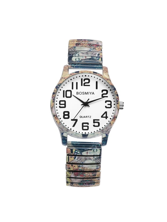 Stretch Band Watches for Women: Bohemia Flower Easy Reader Elastic Band Watch Large Face Big Number Analog Quartz Bracelet Watch Expansion Band Wristwatch - Christmas Gift
