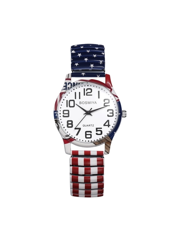 Stretch Band Watches for Women Men: Bohemia Patriotic Theme Easy Reader Elastic Band Watch Large Face Big Number Analog Quartz Bracelet Watch Expansion Band Wristwatch - Independence Day gift
