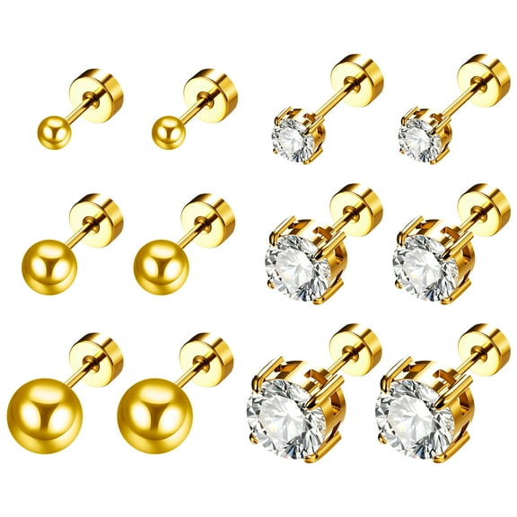 Avaner Threadless Flat Back Stud Earrings, 6 Pairs Stainless steel Hypoallergenic Earrings for Women, Cubic Zirconia Stud Earrings Surgical Stainless Steel Stud Earring Set for Cartilage 3-8mm