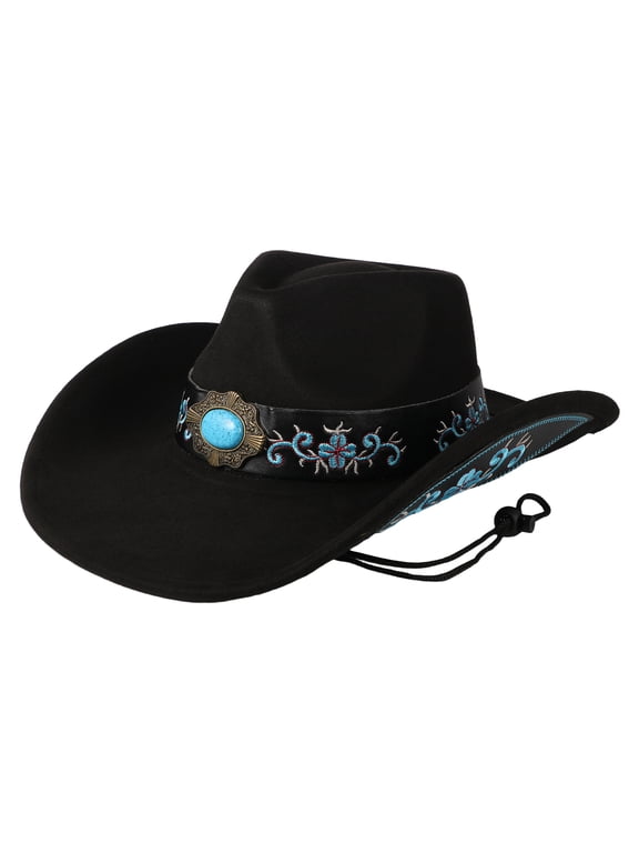 Turquoise Embroidery Vintage Wide Brim Western Cowboy Hat for Women Men: Faux Suede Ethnic Style for Outdoor Party Vacation, Unisex