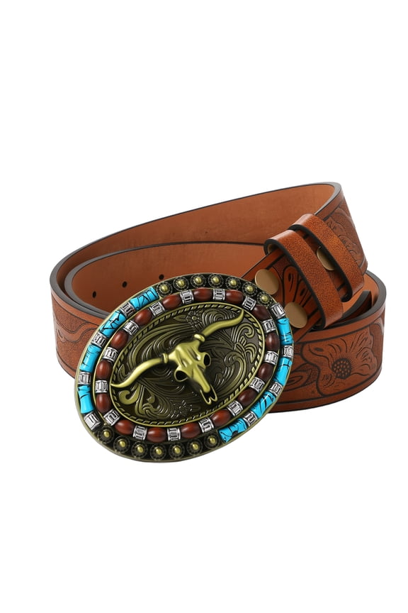 Unisex Western Bull Skull Turquoise Carved Belt: Two-Tone Buckle Boho Ethnic Waistband for Retro Style