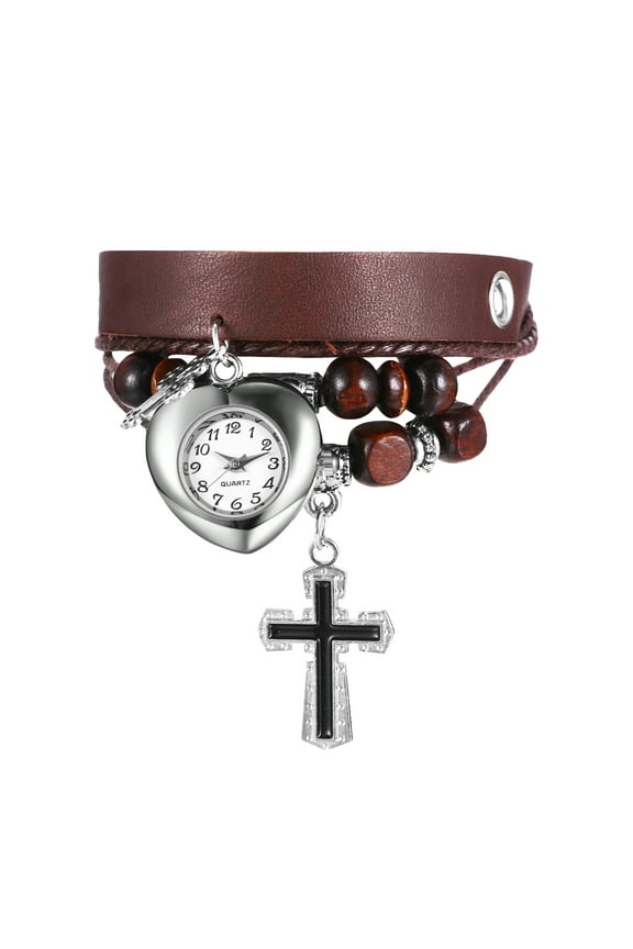 Vintage Handmade Leather Wrist Watches Multilayer Weave Strap Quartz Bracelet Wrap Watch with Cross Pendant
