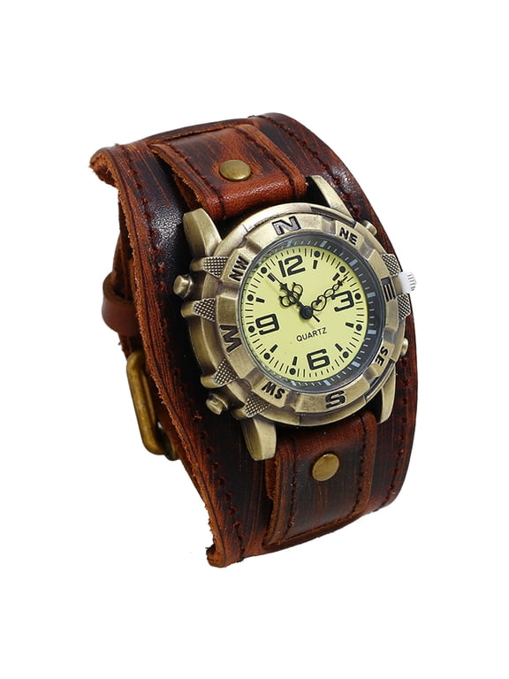 Vintage Leather Watches, Retro Punk Cuff Watch, Wide Band Quartz Watches for Men and Women