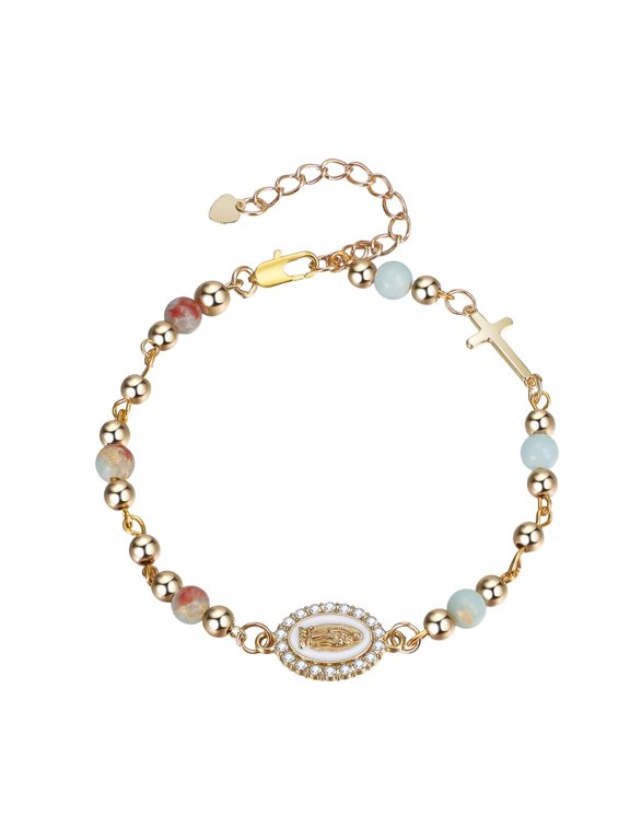 Virgin Mary Cross Bracelet for Women: Dainty Virgen De Guadalupe Beaded Rosary Link Chain Bracelets Religious Confirmation Baptism First Communion Easter Faith Jewelry Gift