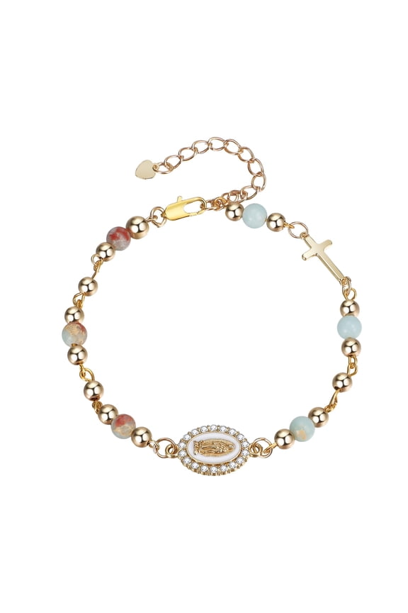 Virgin Mary Cross Bracelet for Women: Dainty Virgen De Guadalupe Beaded Rosary Link Chain Bracelets Religious Confirmation Baptism First Communion Easter Faith Jewelry Gift