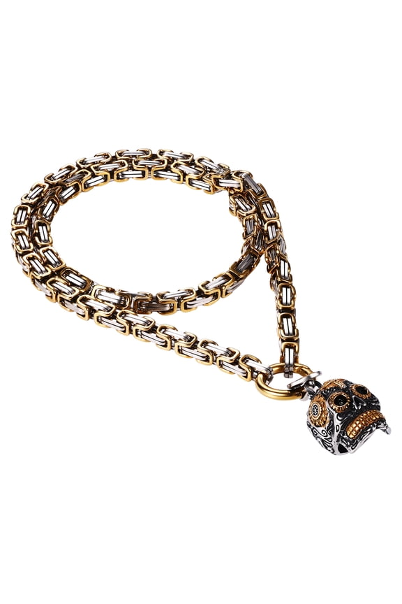 Virgin Mary Cross Skull Head Necklace: Cool Punk Gothic Skull Necklace for Men with 24 Inch Stainless Steel Byzantine Chain Halloween Skeleton Jewelry Gifts