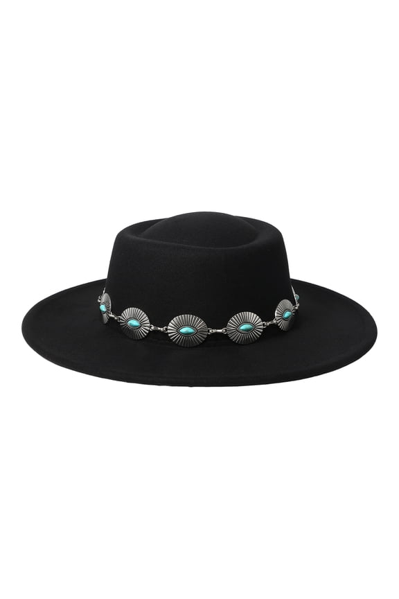 Western Women'S Turquoise-trimmed Silver-strap Vintage Wide-brimmed Hat