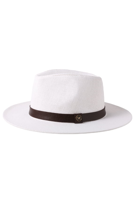 White Straw Woven Fedora Hat for Men Women: Wide Brim Summer Sun Cap with Leather Buckle, Unisex
