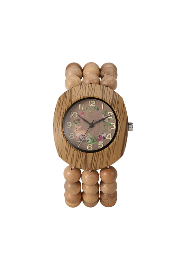 Women's Analog Quartz Bohemian Tonneau Case Decompression Natural Wood Beaded Stretch Band Watch – Handmade Elastic Buddhist Bead Bracelet with Arabic Numeral Floral Wreath Dial