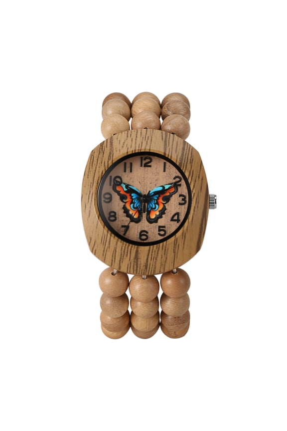 Women's Analog Quartz Bohemian Tonneau Case Decompression Natural Wood Beaded Stretch Band Watch – Handmade Elastic Buddhist Bead Bracelet with Butterfly Floral Dial for Women